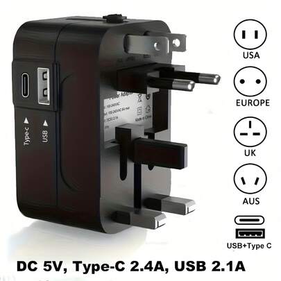 1pc Universal Travel Adapter With 1 USB & 1 Type-C Charger - AC Power Plug Converter For USA, EU, UK, AUS - 5V DC Output, 2.4A USB 2.1A, Travel Charging Solution|Compact Design|Durable Build