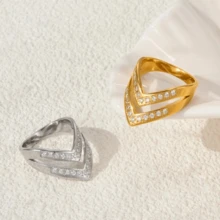 VKHK 1枚18K镀金不锈钢闪亮锆石装饰双层戒指，适合女士日常及婚礼佩戴，礼品 - 鑽戒 - 查看 4