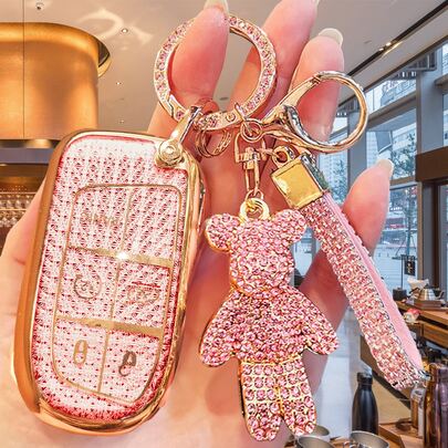Luxury Custom Car Key Fob Cover, Key Chain Set With Rhinestone Bear Keychain, Beaded Butterfly Pendant Charm, Fit For Grand Cherokee, Renegade, Chrysler 200 300, Dodge RAM Durango Challenger Journey Dart, Fiat Smart Key, Fashionable Design, Durable Material