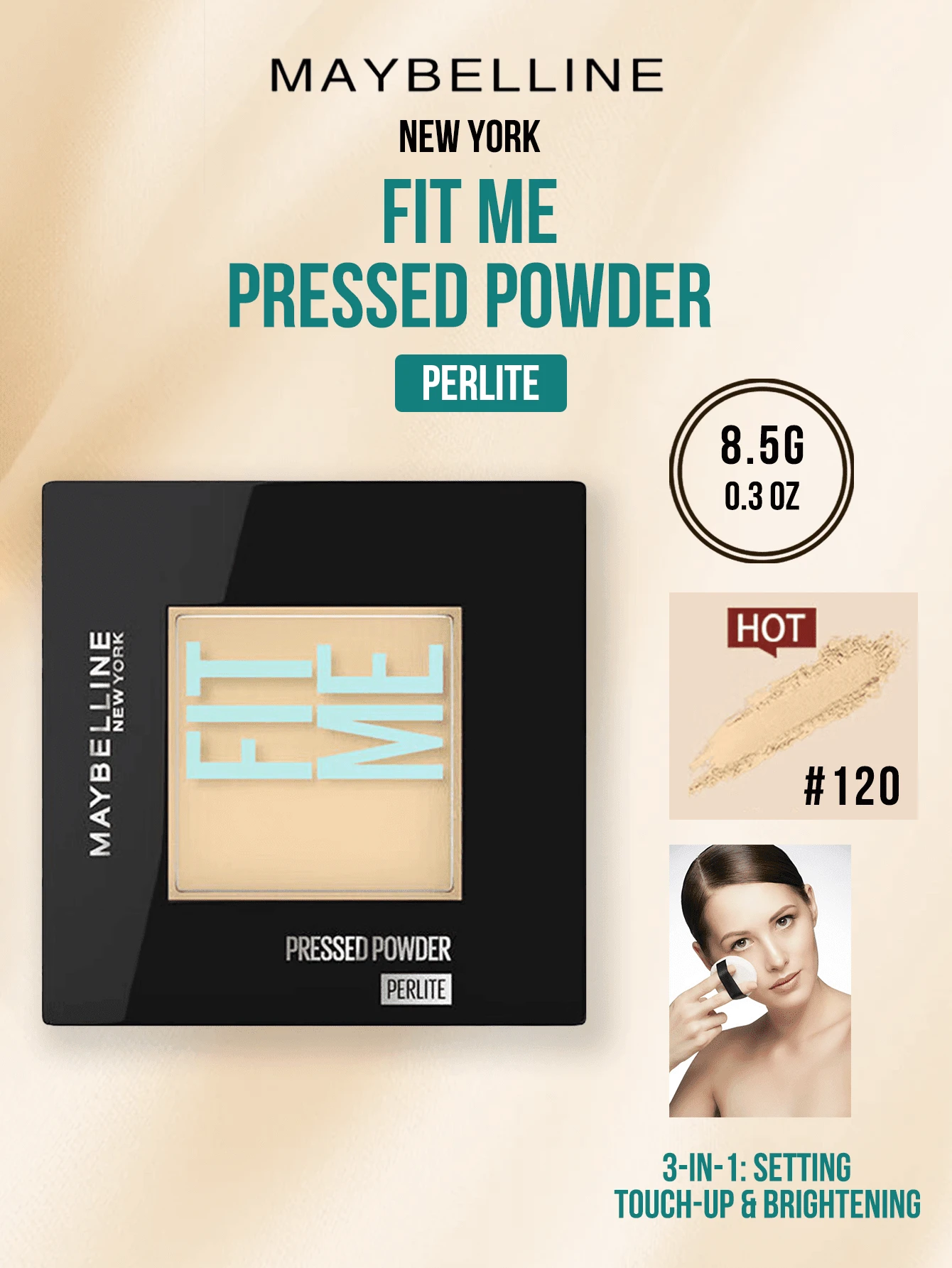 Phấn phủ dạng nén MAYBELLINE NEW YORK FIT ME PERLITE #120 LÓT TẠO ĐIỂM NỔI BẬT - DA SÁNG 8,5G/0,3OZ - Phấn phủ 3 trong 1 Dặm lại & Làm sáng, Phấn phủ siêu mịn 25μM cho lớp nền mềm mịn, Che phủ lỗ chân lông & Làm mờ khuyết điểm chỉ với một lần vỗ, PERLITE với lớp ngoài có kết cấu sơn mài & Bông phấn cao su hình giọt nước cho lớp nền hoàn hảo 360°, Nhẹ nhàng, Không bóng nhờn/Không bóng như mặt nạ/Không trắng bệch, Sử dụng dễ dàng 3 bước cho làn da sáng muốn có lớp nền nổi bật tự nhiên & Giữ lớp nền hàng ngày - Phấn nền Maybelline FITME 120 - Xem 1