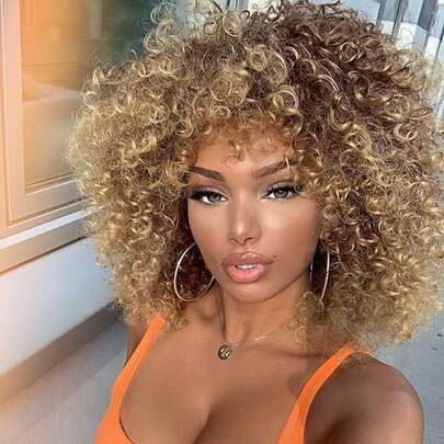 14 Inch Afro Curly Wig With Bangs For Women Blonde Ombre Kinky Fluffy Short Hair Wigs(Gray) Synthetic Heat-Resistant Ideal For Daily Wear And Beginner-Friendly