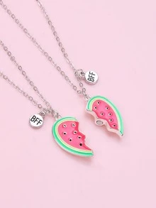 2pcs Watermelon & Heart Shape Zinc Alloy Oil Drip Magnet Pendant Necklaces Set As Cute Gift For Girls' Best Friends - Multicolor - View 6