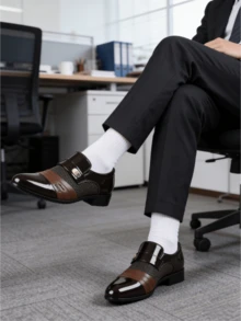 优雅黑色漆皮低跟礼服鞋 - 设计精致，采用优质PU材质，纽扣闭合，款式百搭，适合婚礼、派对和办公场合。 - 棕色 - 查看 4