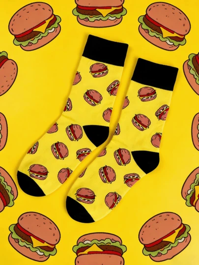 1/2 Pairs Men's Mid-Calf Socks With Hamburger Pattern, Comfortable, Stylish, Suitable For All Seasons, Autumn/Winter