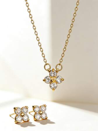 1 Set Elegant Stainless Steel Jewelry Set With Glass Inlaid Four-Leaf Flower Design, Suitable For Women's Daily Casual, Party, Or As Valentine's Day Gift For Loved Ones