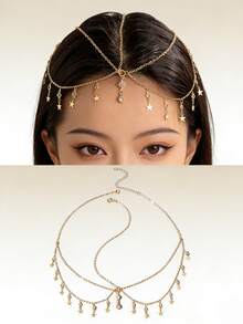 1pc Bohemian Style Shell & Crystal Headband Hair Accessory For Women, Metal Chain Hair Jewelry, Party Headpiece (Handmade Chain Cut To Size, Varying Number Of Crystals And Shells) - 28467 Gold - View 10