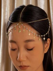 1pc Bohemian Style Shell & Crystal Headband Hair Accessory For Women, Metal Chain Hair Jewelry, Party Headpiece (Handmade Chain Cut To Size, Varying Number Of Crystals And Shells) - 28467 Gold - View 9