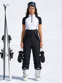 1 双女式宽松滑雪裤，带可调节背带，可机洗，适合户外活动，冬季滑雪裤，滑雪装备，寒冷天气服装，运动裤，加固结构，功能性滑雪裤，雪地装备，运动裤，连体滑雪服 - 黑色 - 查看 5