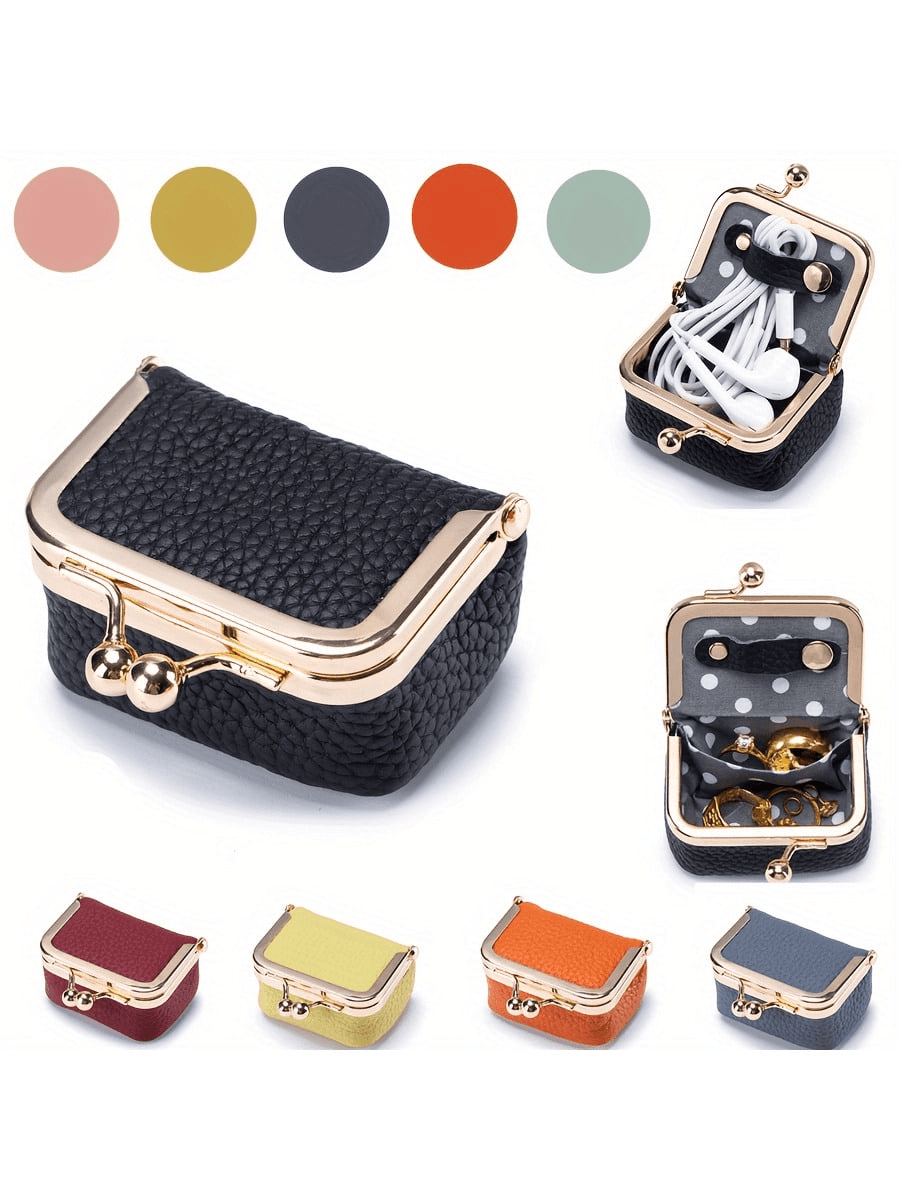 Mini Jewelry Box, Portable Vintage-Inspired Genuine Leather Coin Purse Jewelry Case With Kiss Lock, Mini Travel Ring Box For Women For Earring/Ring/Necklace/Bracelet