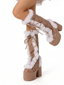 Knee High Boots For Womens Side Zipper Warm Faux Fur Platform Chunky Heel Punk Goth Walking Winter Snow Boots - Màu be - Xem 6