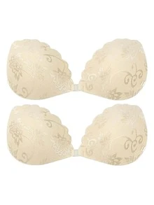 3/1 pièce Coussinets de soutien-gorge invisibles autoadhésifs en dentelle, cache-tétons rehaussant le décolleté sans bretelles avec des sangles transparentes - Nude - Voir 8