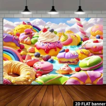 2D Flat 1pc Dreamy Candy Land Landscape Background With Ice Cream, Sweets, Lollipops, Rainbow, Birthday Party Decor, Photography Studio Backdrop Banner - Ginger - View 4