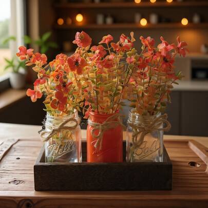 Centro de mesa decorativo de madera con 3 tarros de cristal y flores artificiales. Estilo rústico campestre, ideal para Acción de Gracias, Navidad, Año Nuevo y otras ocasiones especiales. Perfecto para la mesa de centro, el comedor, la sala de estar o la cocina.