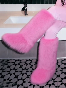 EdgyElongate Women's Winter Christmas Fur Boots Fuzzy Fluffy Round Toe Suede Booties Flat Heel Slip On Furry Snow Boots Fashion Warm Fluffy Shoes - Hồng dài - Xem 3