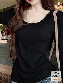 2pcs/Set Women's Long Sleeve T-Shirt, Versatile Autumn/Winter, Deep U-Neck Solid Color Undershirt