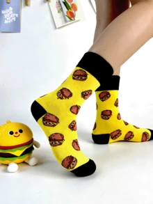 1/2 Pairs Men's Mid-Calf Socks With Hamburger Pattern, Comfortable, Stylish, Suitable For All Seasons, Autumn/Winter - Multicolor - View 2