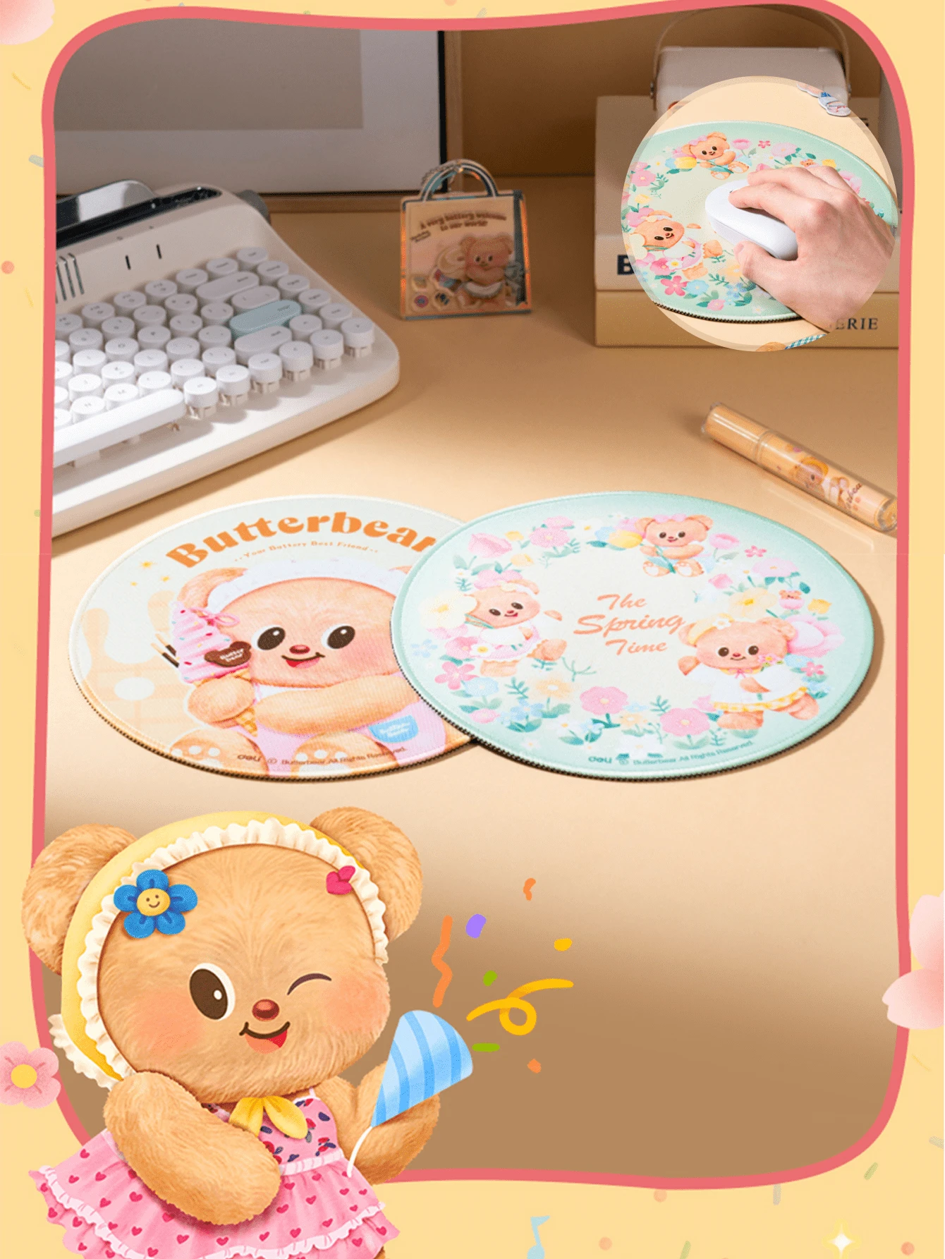 Butterbear圆形柔软腕托鼠标垫，毛绒质感表面，精致缝线，可爱Butterbear图案，温暖的粉彩色调（黄色/浅绿色），是青少年日常装饰和办公室/家庭桌面布置的理想之选，Butterbear粉丝收藏品，送给女朋友的可爱礼物