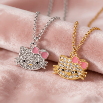 Sanrio Cute Kitty Stainless Steel Bracelet, Rhinestone Studded Kitty Cartoon Necklace, Sweet Cat Bow Tie Choker, Korean Cute Kitty Cat Pendant Necklace