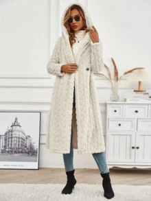 Casual Warm Regular Faux Fur Long Trench Coat For Women Long Sleeve Collar Design - 米色 - 查看 3