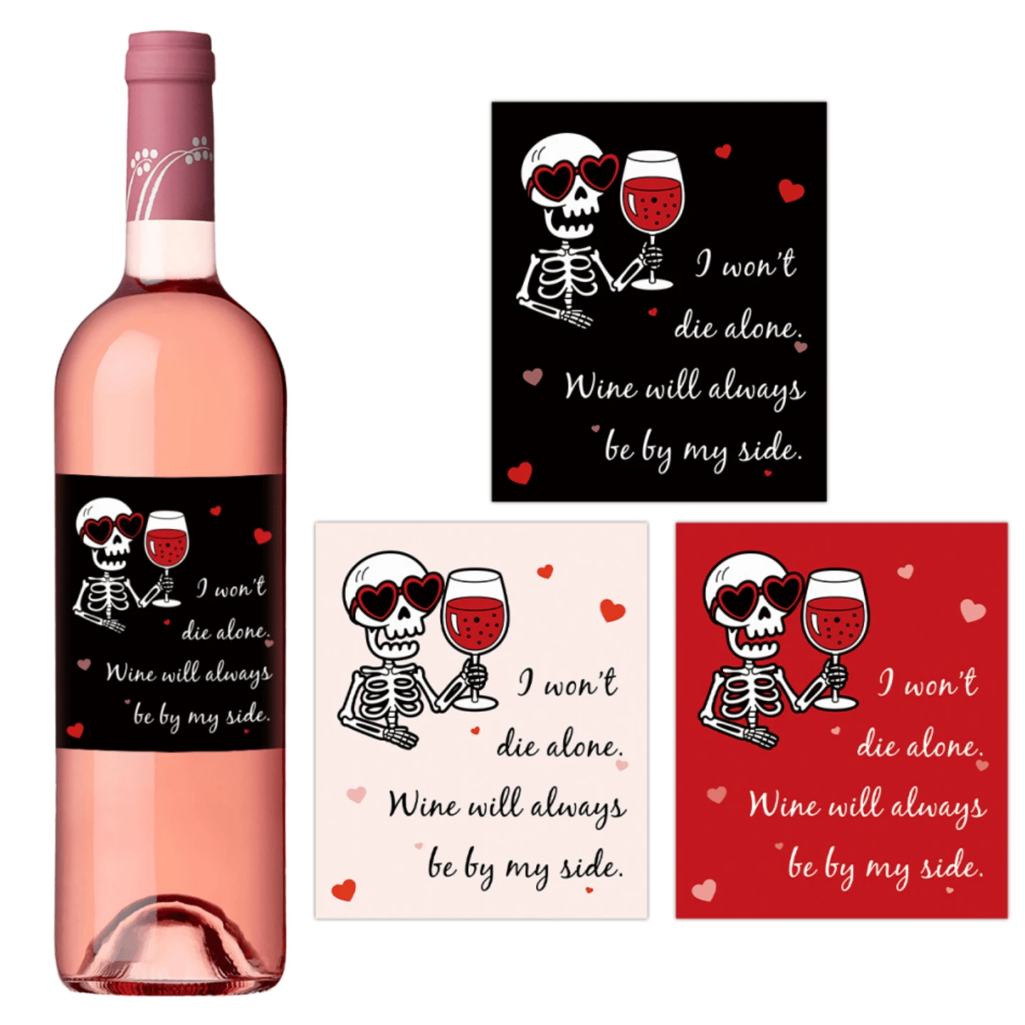 6pcs Funny Skeleton Love Wine Bottle Labels - "I Won't Die Alone" Valentine's Day Wine Bottle Stickers, Romantic Wine Labels For Wedding, Anniversary Party Decor, Gift For Couples & Wine Lovers - Multicolor - View 1