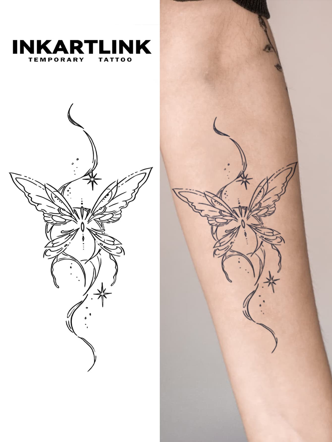 INKARTLINK Minimalist Elegant Flowing Line Butterfly Tattoo | 2 Weeks Waterproof Plant Sticker | Charming Temporary Tattoo | Realistic Faux Tattoo