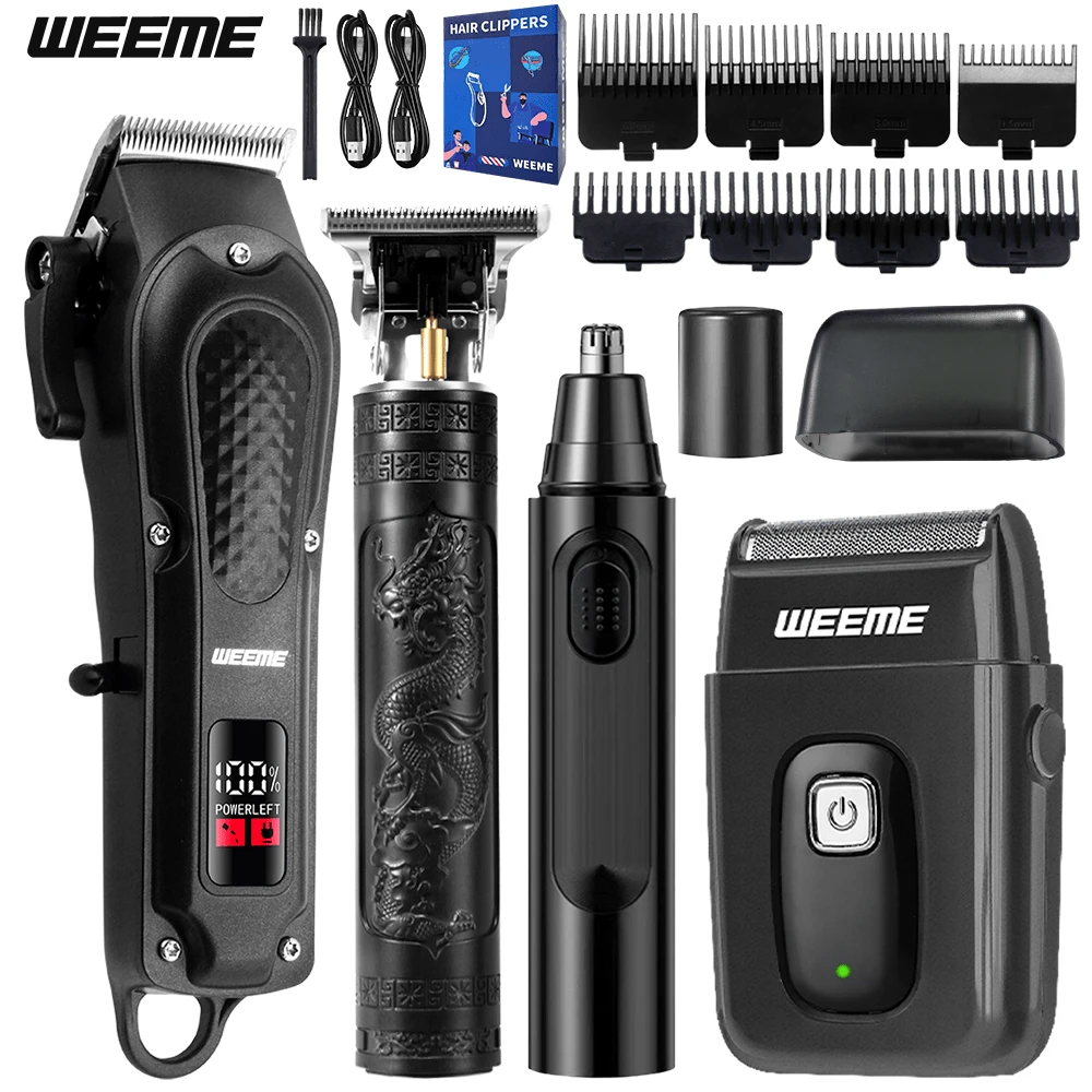 WEEME 四件套/三件套男士理容套装 - USB 可充电，18650 锂电池，黑色机身设计，适用于理发、鬓角修剪和鼻毛修剪，理发工具套装 | 时尚理容套装 | 耐用，理发工具，生日节日礼物 | 圣诞节礼物 - 黑色 - 查看 1