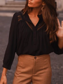 Áo sơ mi nữ, màu trơn với chi tiết ren, kiểu dáng thanh lịch lãng mạn, màu đen, thích hợp cho mùa hè. - màu đen - Xem 4