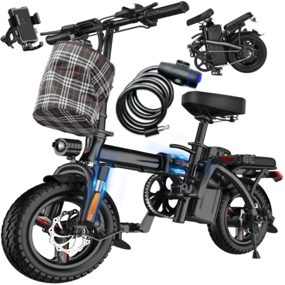 Electric Bike For Adults Teens, Folding Ebike,Commuter City Foldable E Bike With 500W Motor And 48V 10.4Ah Battery, 24MPH Speed Pedals Assist, Dual Disc Brakes,14" Compact Electric Bicycle With Basket