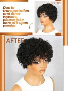 巴西短款波波头精灵卷曲假发，带刘海，杰瑞卷曲真人发假发，全机织真人发假发，自然黑色，适合女性日常佩戴 - Natural Black - 查看 6