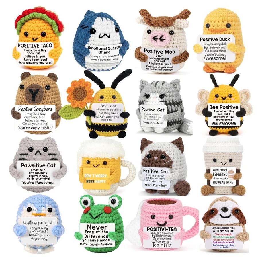 充满正能量的钩针动物，情感励志生日礼物，手工制作的企鹅、鲨鱼、鸭子、猫咪图案，送给朋友、女性、同事、学生的礼物，适合生日、圣诞节、情人节等场合。 - 彩色 - 查看 1