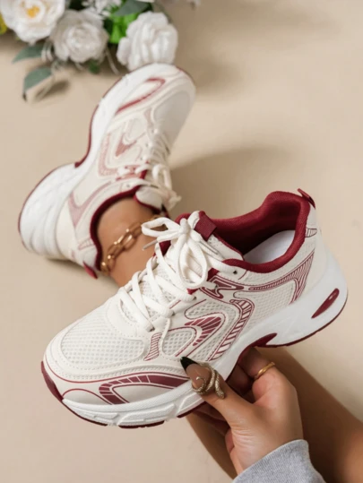 New Style Women's Casual Sports Shoes, Platform Sports Shoes, White Lace-Up Round-Toe Blended Material, Breathable, Versatile, Printed Graffiti, College Style, Suitable For Students, Outdoor Hiking, Casual Wear And Commuting.