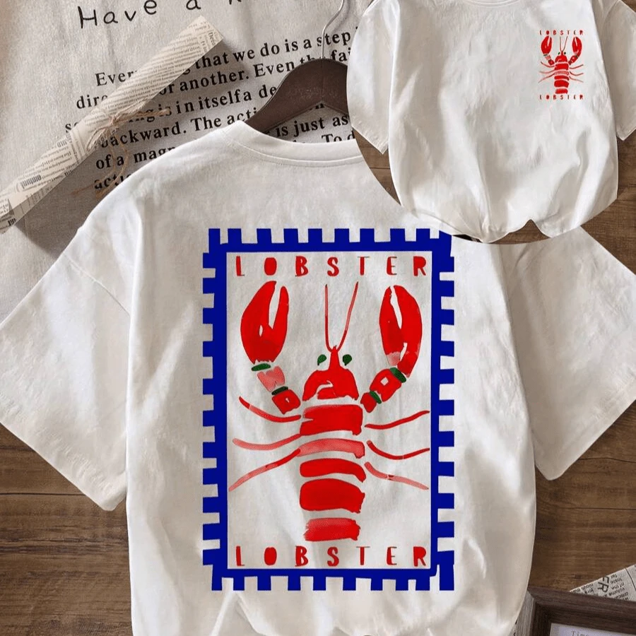 Women's 100% Cotton Lobster T-Shirt, Casual Summer Design - White - View 1
