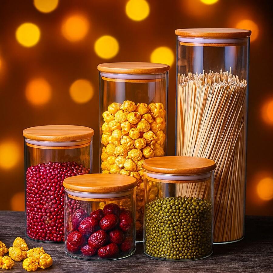 Airtight Glass Jars - Set Of 5 - For Food With Bamboo Lid - NYBC