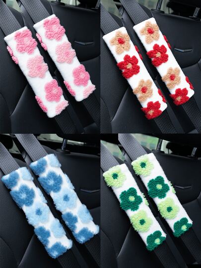 2pcs/1pc Cute Wool Flower Car Seat Belt Cover Shoulder Protector Creative Car Seat Belt Anti Pinch Protection Cover Insurance Belt Decoration Plush Anti Slip Warmth For Use In Spring, Autumn And Winter Festivals
