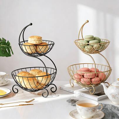 双层金属收纳篮，适合存放甜点、水果、蔬菜，适用于厨房、浴室、餐厅、聚会等场合。
