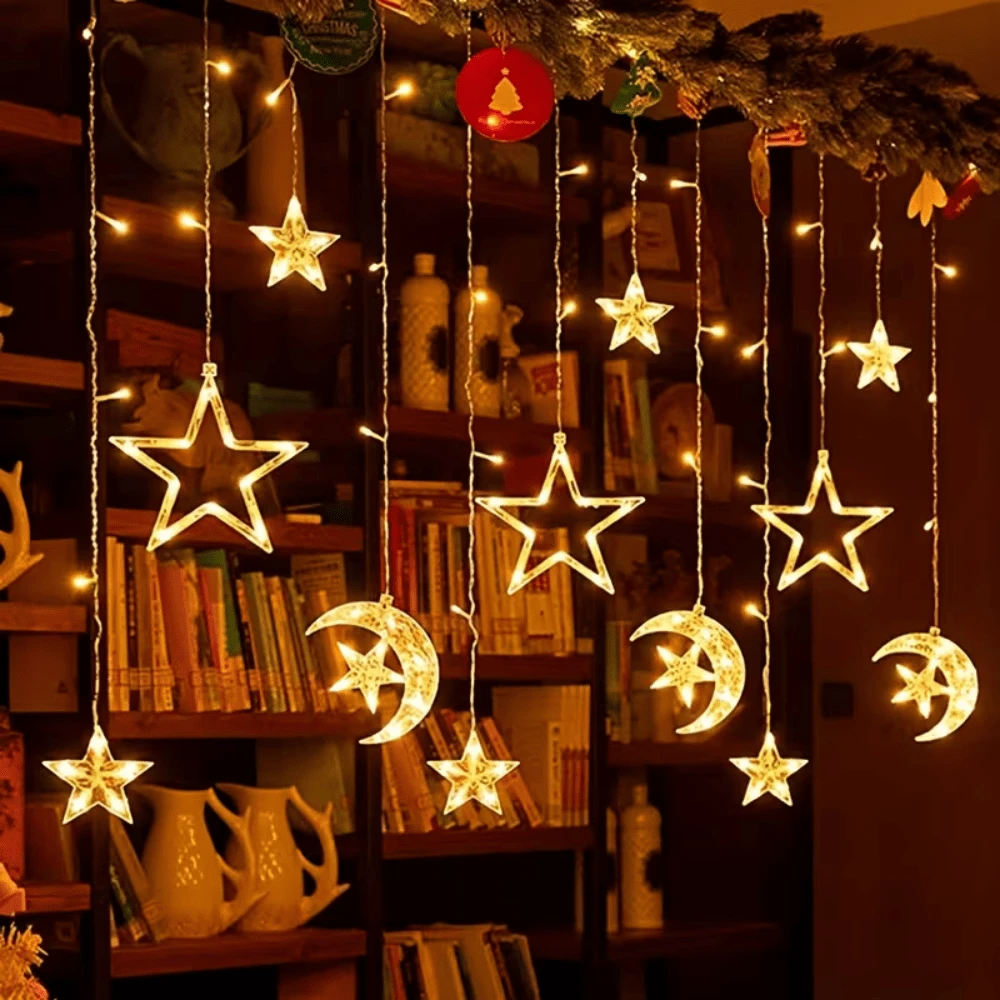 Star & Moon String Lights, Warm White, Waterproof, USB Powered, LED Curtain Lights, Clip Design, Suitable For Wedding, Party, Ramadan Celebration Decoration
