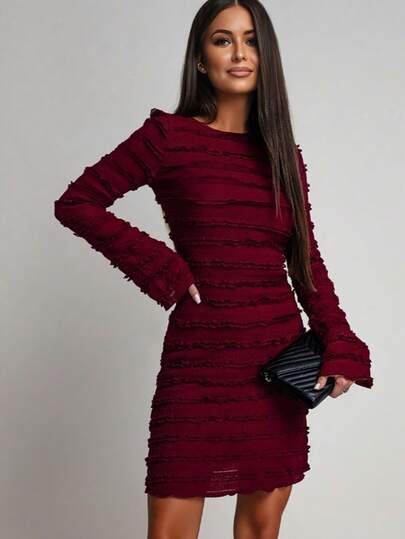 Striped & Solid Color Elegant Backless Party Dress With Contrast Trim And Ruffle Hem