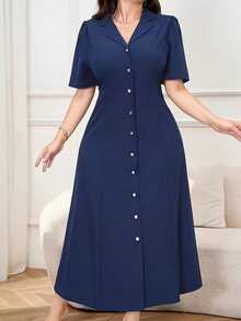 Plus Size Blue V-Neck Button Front A-Line Midi Dress, Woven Fabric, Flared Hem Shirtdress, For Women Spring - Royal Blue - View 4