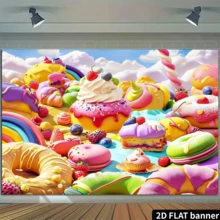 2D Flat 1pc Dreamy Candy Land Landscape Background With Ice Cream, Sweets, Lollipops, Rainbow, Birthday Party Decor, Photography Studio Backdrop Banner - Ginger - View 5