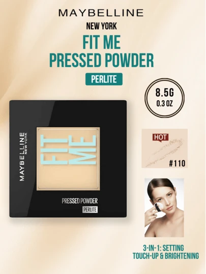 Maybelline FIT ME PRESSED POWDER PERLITE #110 MATTE HIGHLIGHT-FAIR SKIN 8.5G/0.3OZ - HOT 3-IN-1 Setting Touch-Up & Brightening, 25μM Ultra-Fine Powder for Seamless Soft Focus, One Patquce. Latex Puff for 360° Flawless Application, Lightweight No Shine/No Mask-Like Finish/No Ashy White, 3-Step Easy Use for Fair Skin Seeking Natural Highlight & Daily Setting