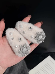 1个超柔软蓬松白色仿毛皮水钻雪花发夹，可爱侧刘海夹，适合下雪天，爪夹，发夹，发卡 - 白色 - 查看 3