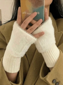 2双装女士露指针织毛绒手套，保暖冬季手套，仿毛皮触屏手套，多功能可爱办公骑行防风露指手套 - 彩色 - 查看 8