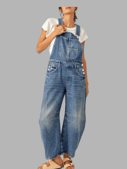 Women's Utility Workwear Style Jumpsuit, Denim Bib Overalls With Barrel Leg And Adjustable Straps, Multiple Pockets Casual Wear