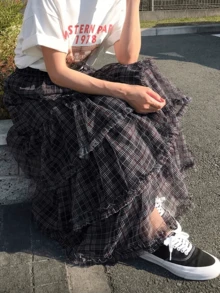格子网纱透气薄纱半身裙，重工刺绣网纱长款连衣裙，适合春夏穿着 - 藏蓝色 - 查看 6