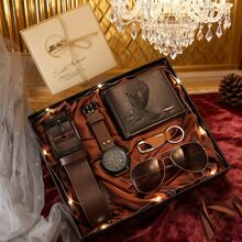 7pcs Men's Full Set Gift Box, Wallet + Wristwatch + Belt + Keychain + Pilot Sunglasses + Greeting Card + LED Light, High-End Business Gift Set