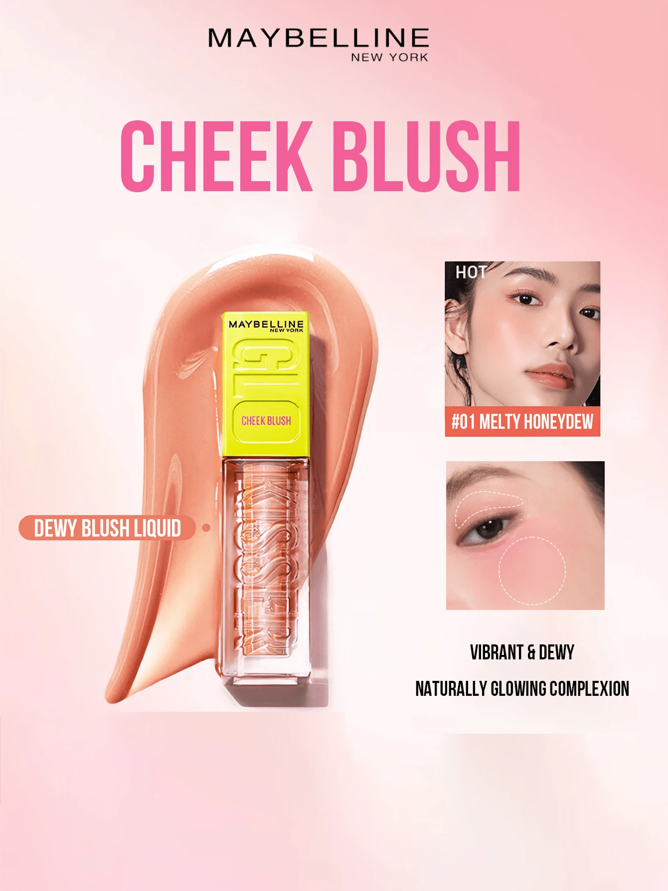 Maybelline 腮红 #01 丝绒哈密瓜色 6.4毫升/0.21液盎司，珠光闪耀，打造温暖光泽，保湿配方，轻松晕染，呈现自然透亮妆效。点状刷头，精准上妆，两步轻松打造腮红（点涂+晕染）。适合所有肤色，轻松打造日常/约会妆容的透亮妆容。