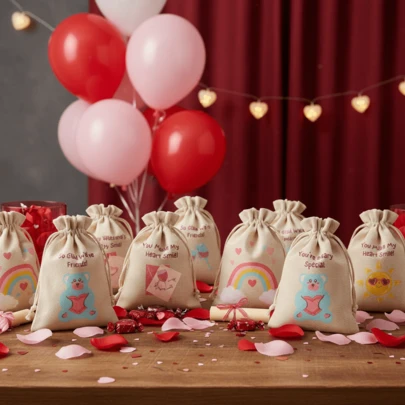 VICKYO 12个情人节麻布礼品袋，可爱节日设计，适合浪漫餐桌装饰、课堂礼物交换、情侣惊喜、单身派对和女友聚会，情人节包装