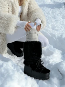 Women's Faux Fur Boots Fuzzy Fluffy Furry Snow Boots Round Toe With Lace-Up Design Cute Warm Suitable For Christmas Halloween And Winter - 黑b - 查看 8