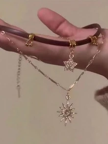 1件复古金色向日葵虎眼石项链，多层项链设计，可作毛衣链、锁骨链配饰，适合派对和宴会佩戴（珠子颜色随机） - 棕色 - 查看 3