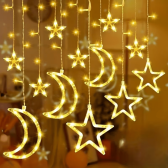 Luces de cadena con forma de estrellas y lunas, de color blanco cálido, a prueba de agua, decoración para dormitorio, alimentadas por USB, cortina de luces LED para fiesta de boda, Ramadán, fiesta y decoración